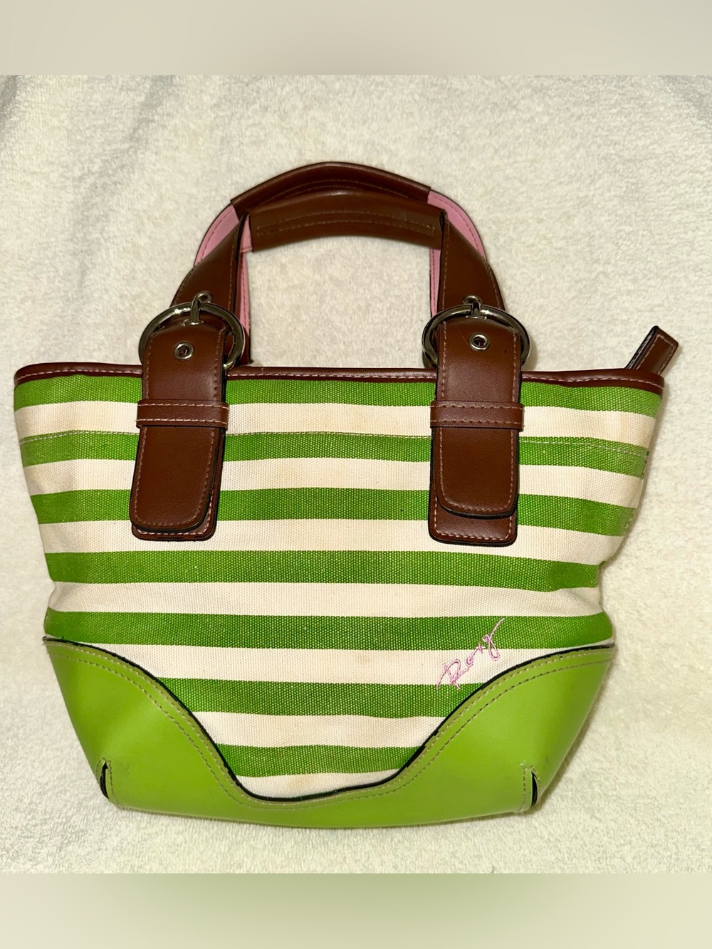 Vintage Roxy Y2K Green Striped Canvas Mini Bowler Bag Satchel Purse Skater 11.5"